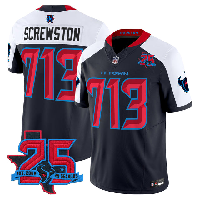 Men's Houston Texans 25th Year Anniversary Patch Vapor Limited Jersey - All Stitched - Navy Alternate - Screwston 713 — view 1