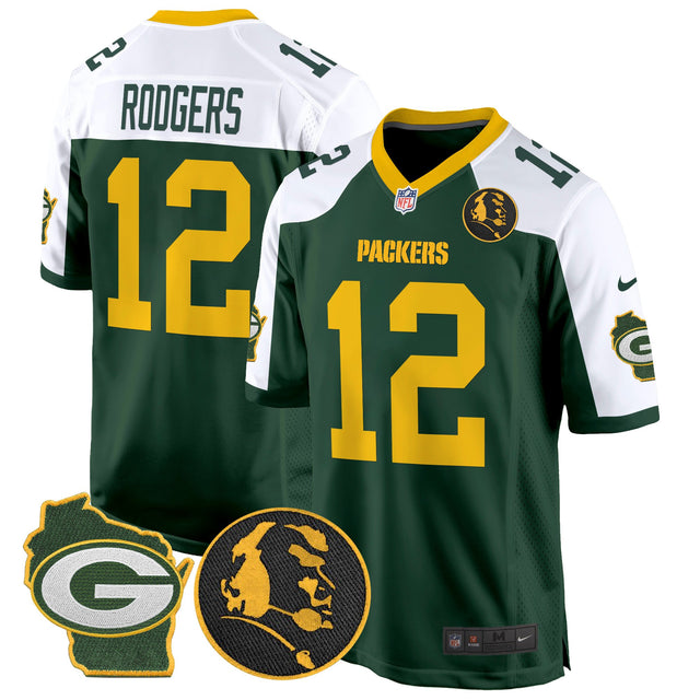 Men's Packers John Madden & Home Patch Game Jersey - All Stitched - Green Alternate - Aaron Rodgers — view 1