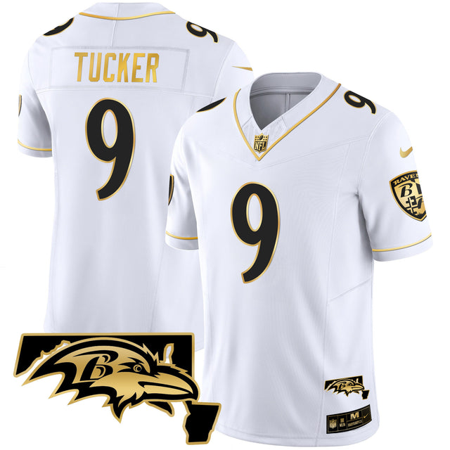 Men's Ravens Maryland Patch Vapor Gold Jersey - All Stitched - White Gold - Justin Tucker — view 1