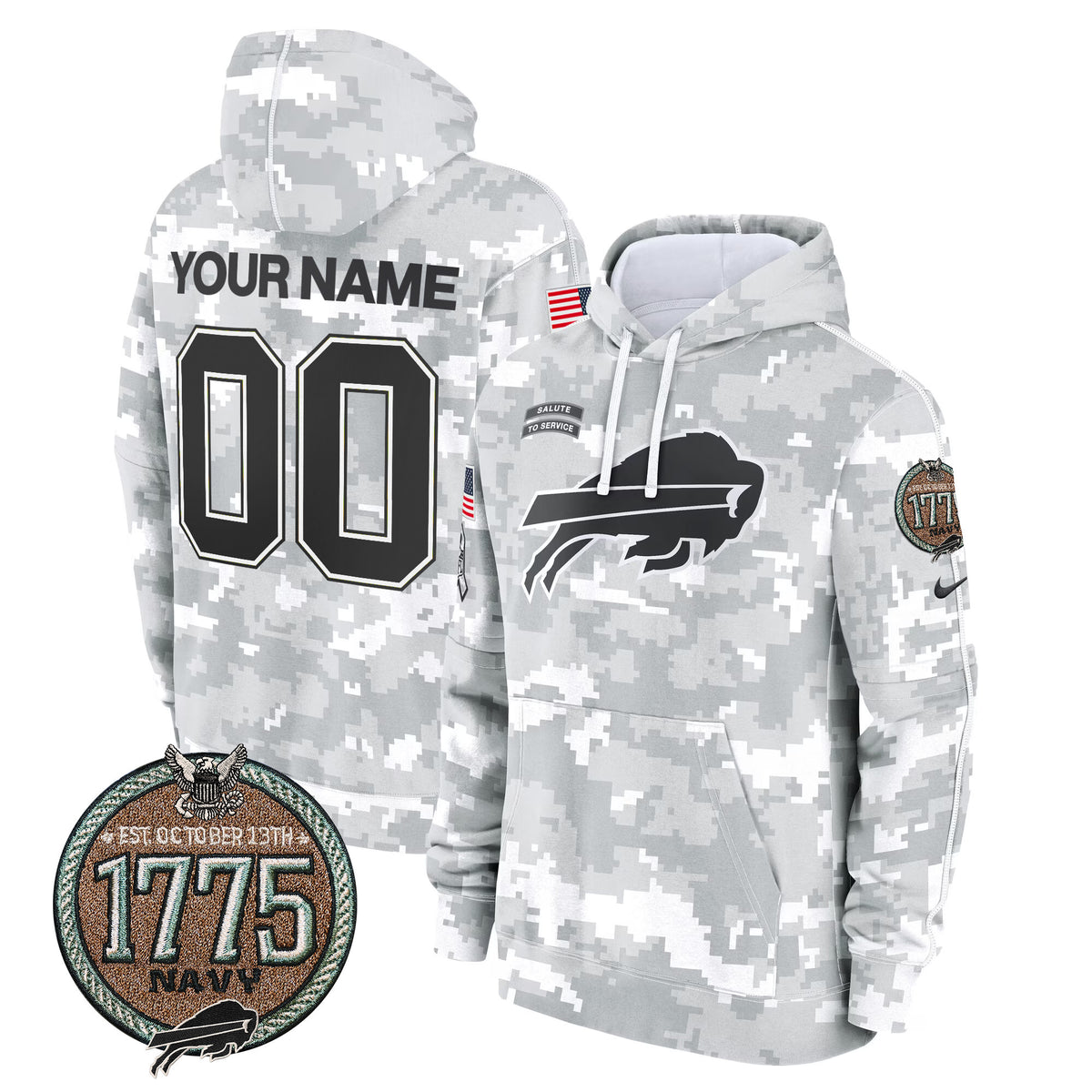 Buffalo Bills 2024 Salute to Service Establishment Year Patch Custom Fleece Pullover Hoodie - All Stitched - Navy — view 1