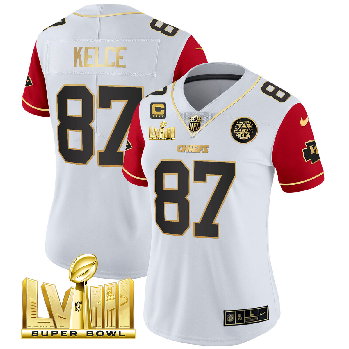 Women's Chiefs Super Bowl LVIII Gold Patch Vapor Jersey V4 - All Stitched - Color Sleeves - Travis Kelce — view 1