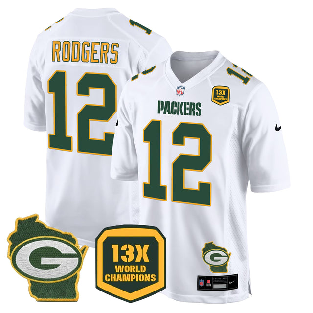 Men's Packers 13 Time World Champions & Home Patch Game Jersey – All Stitched - White - Aaron Rodgers — view 1