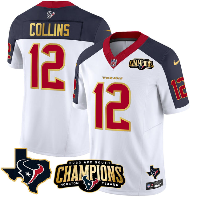 Men's Houston Texans 2023 AFC South Champions Patch Gold Trim Vapor Jersey - All Stitched - Inverted - Nico Collins — view 1